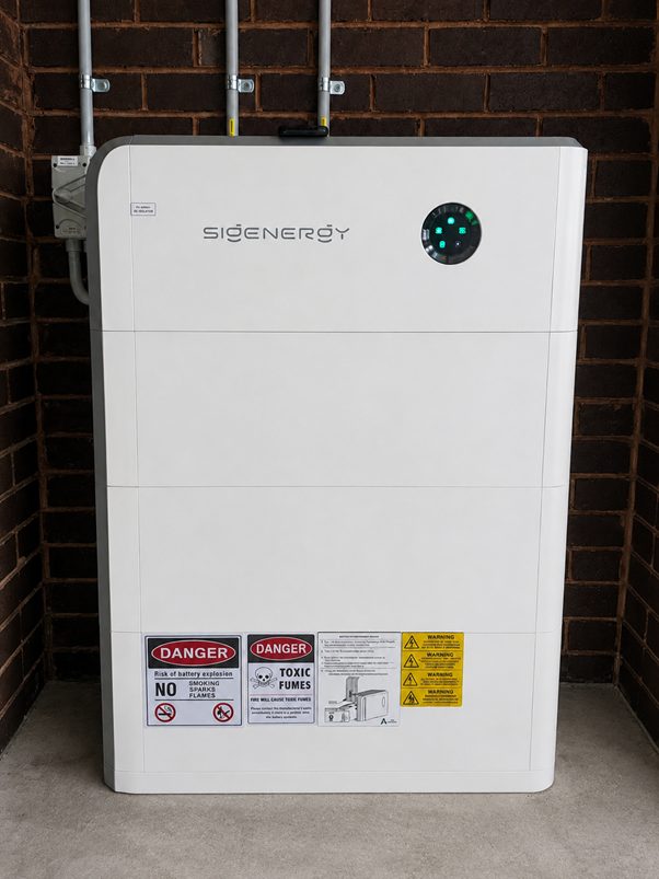 Sigenergy sigen hybrid inverter and sigenstor battery mounted against a brick wall of peter's berwick home