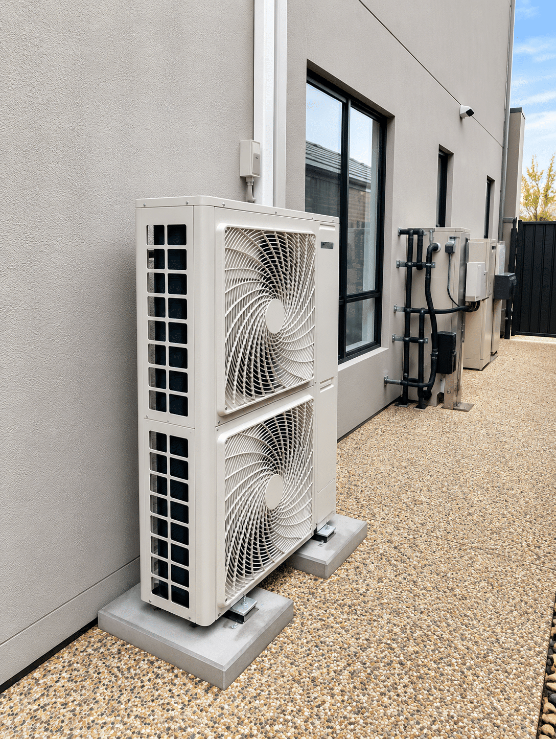 Outdoor unit of a ducted reverse cycle system on a concrete pad