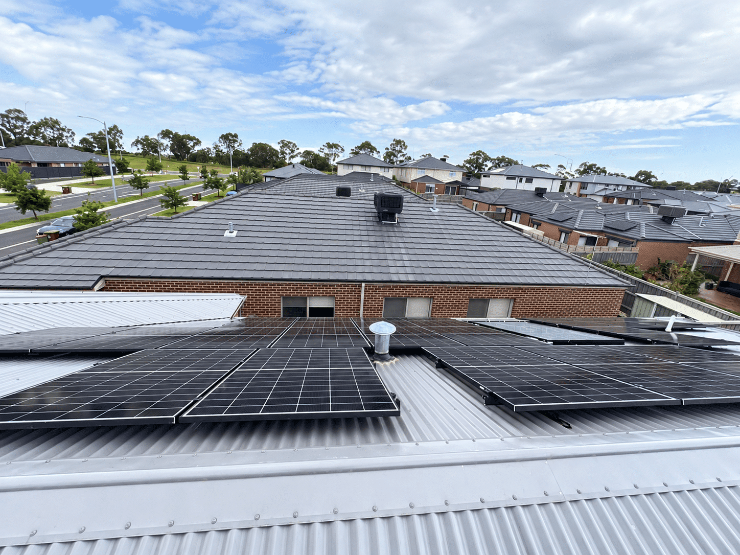Aerial view of solar panels on a cranbourne south home, installed by powerband electrical