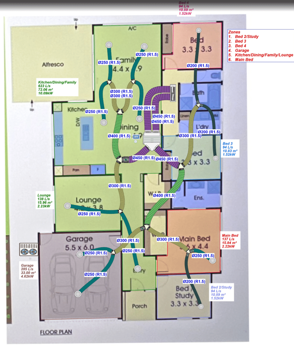 Floor plan of a doreen home marked up with ducted zones and duct sizes